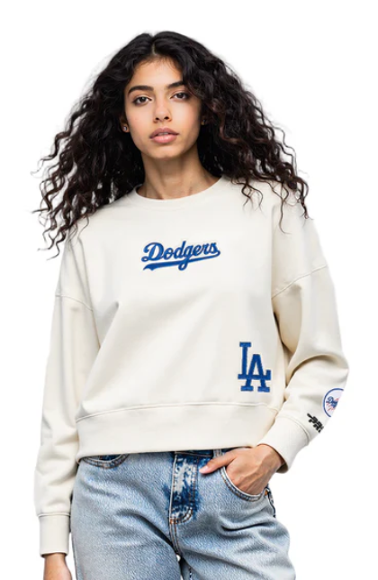 Los Angeles Dodgers Womens Crop Sweatshirt Pro Standard Wingspan Pullover Crewneck Eggshell - THE 4TH QUARTER