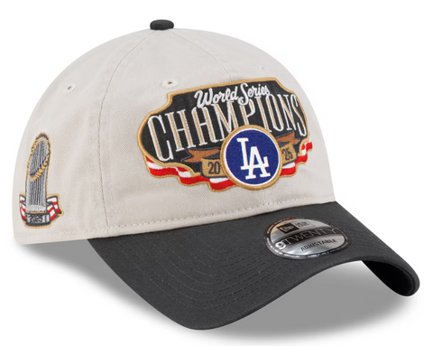 Los Angeles Dodgers Strapback New Era 2025 World Series Champions Locker Room 9Twenty Adjustable Hat - Cream/Charcoal
