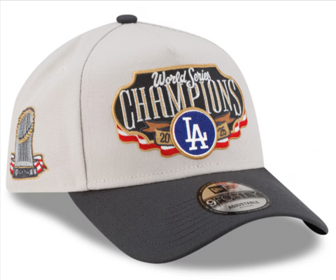 Los Angeles Dodgers Snapback New Era 2025 World Series Champions Locker Room A-Frame 9FORTY Adjustable Hat - Cream/Charcoal