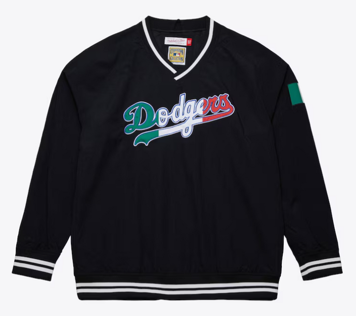 Los Angeles Dodgers Mens Jacket Pullover Mitchell &amp; Ness Mexico Wordmark V-Neck Nylon Black - THE 4TH QUARTER