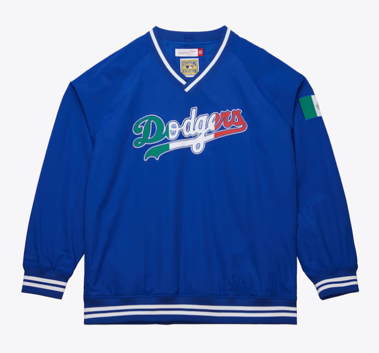 Los Angeles Dodgers Mens Jacket Pullover Mitchell & Ness Mexico Wordmark V-Neck Nylon Blue - THE 4TH QUARTER