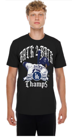 Los Angeles Dodgers Mens T-Shirt New Era 2025 World Series Champions Shohei Ohtani Back-to-Back Tee - Black