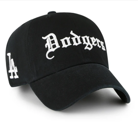 Los Angeles Dodgers Strapback '47 Brand Clean Up Adjustable Old English Script Black Cap Hat - THE 4TH QUARTER