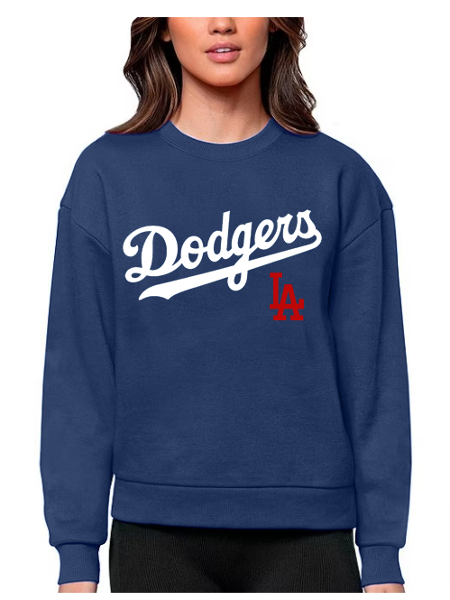 Dodgers Women's Sweatshirt Antigua Victory Crew Neck Pullover Navy Blue - THE 4TH QUARTER