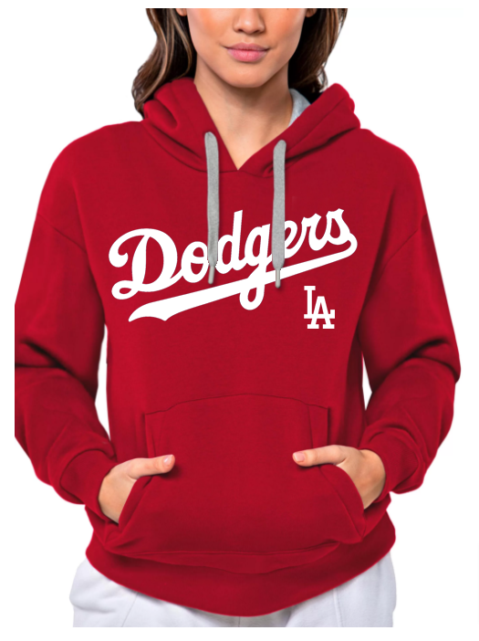 Dodgers Womens Sweatshirt Antigua Victory Pullover Hoodie Burgundy - THE 4TH QUARTER