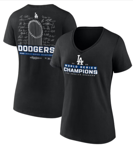 Los Angeles Dodgers Women's 2025 World Series Champions Signature Roster V-Neck T-Shirt - Black