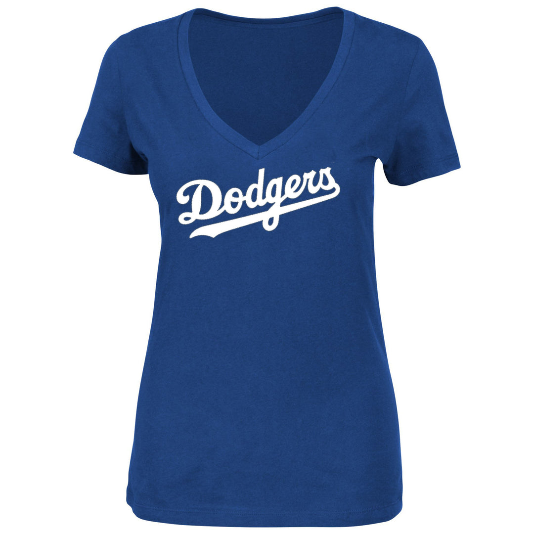 Los Angeles Dodgers Womens T-Shirt G-III 4Her Wordmark V-Neck Blue - THE 4TH QUARTER