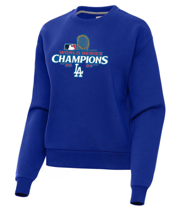 Los Angeles Dodgers Womens Sweatshirt Antigua World Series Champions 2024 Pullover Crew Neck Royal Blue - THE 4TH QUARTER