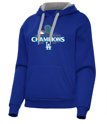 Los Angeles Dodgers Womens Sweatshirt Antigua World Series Champions 2024 Pullover Hoodie Royal Blue - THE 4TH QUARTER