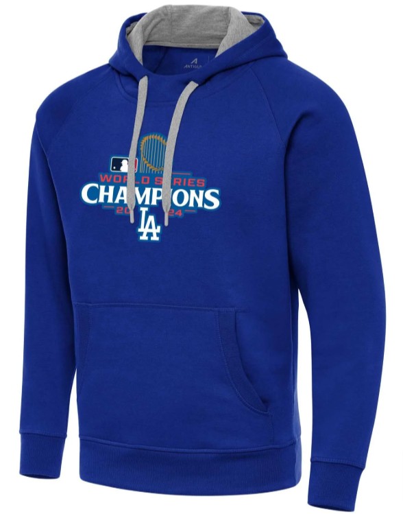 Los Angeles Dodgers Mens Sweatshirt Antigua World Series Champions 2024 Pullover Hoodie Royal Blue - THE 4TH QUARTER