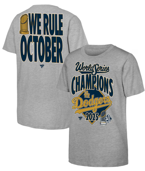 Los Angeles Dodgers Youth 2025 World Series Champions Locker Room Authentic T-Shirt - Heather Gray - THE 4TH QUARTER