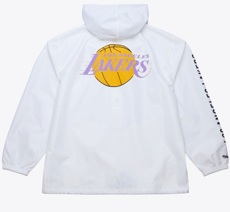 Los Angeles Lakers Mens Jacket Mitchell &amp; Ness Hooded Coaches White Vintage Logo Jacket - THE 4TH QUARTER