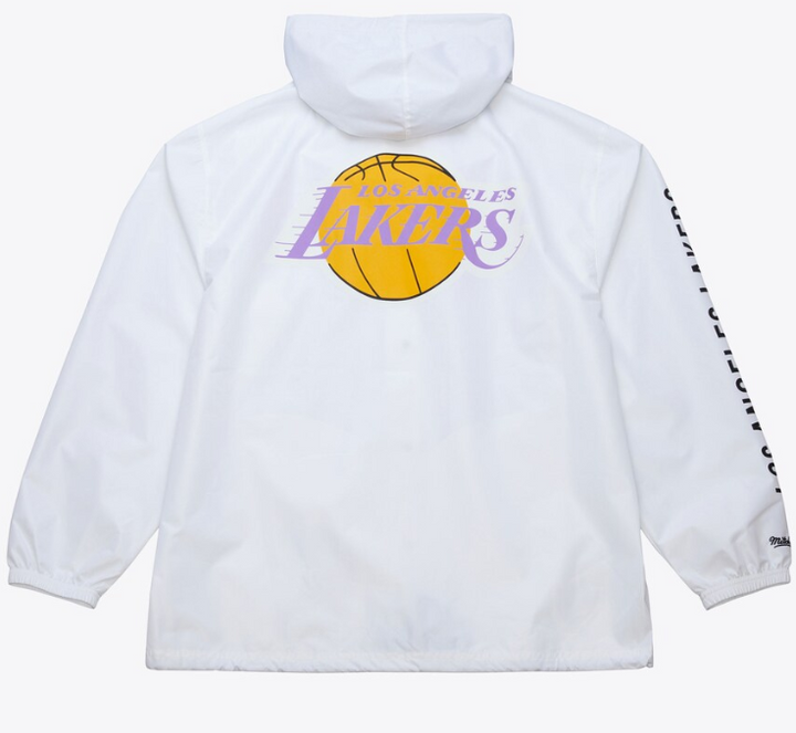 Los Angeles Lakers Mens Jacket Mitchell &amp; Ness Hooded Coaches White Vintage Logo Jacket - THE 4TH QUARTER
