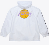 Los Angeles Lakers Mens Jacket Mitchell & Ness Hooded Coaches White Vintage Logo Jacket - THE 4TH QUARTER