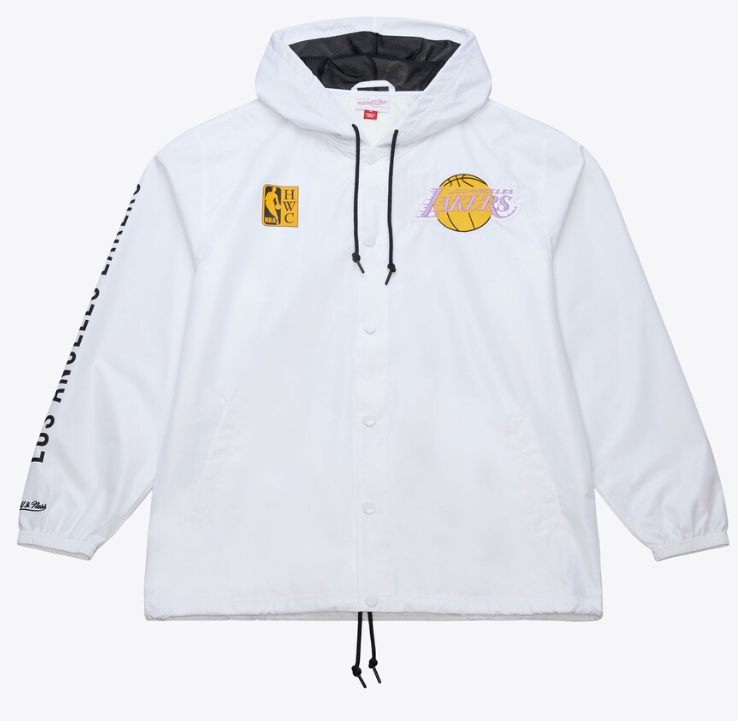 Los Angeles Lakers Mens Jacket Mitchell & Ness Hooded Coaches White Vintage Logo Jacket - THE 4TH QUARTER