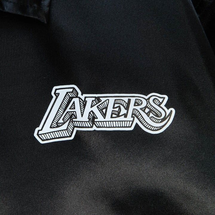 Los Angeles Lakers Mens Jacket Mitchell &amp; Ness Doodle Coaches Satin Black - THE 4TH QUARTER