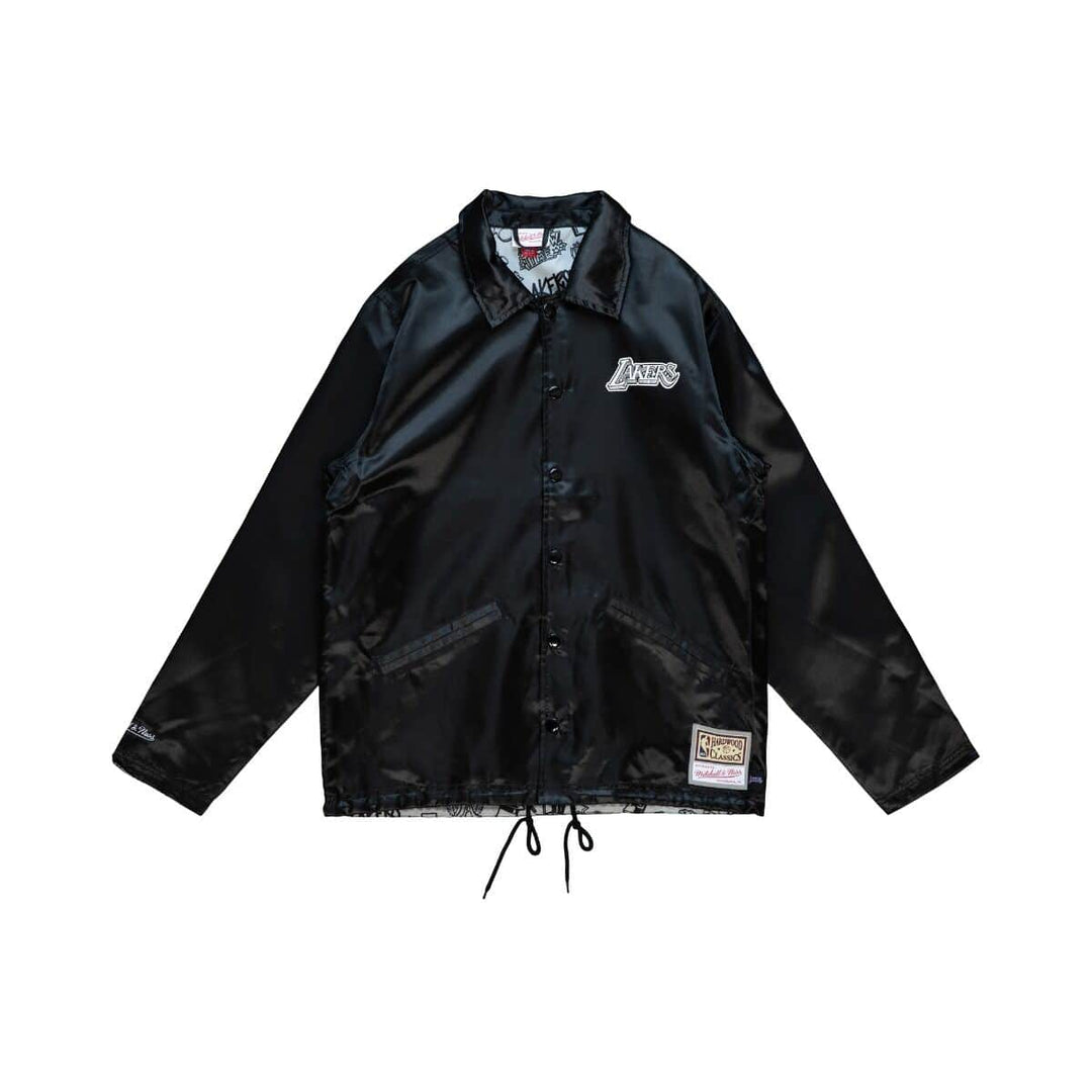 Los Angeles Lakers Mens Jacket Mitchell & Ness Doodle Coaches Satin Black - THE 4TH QUARTER