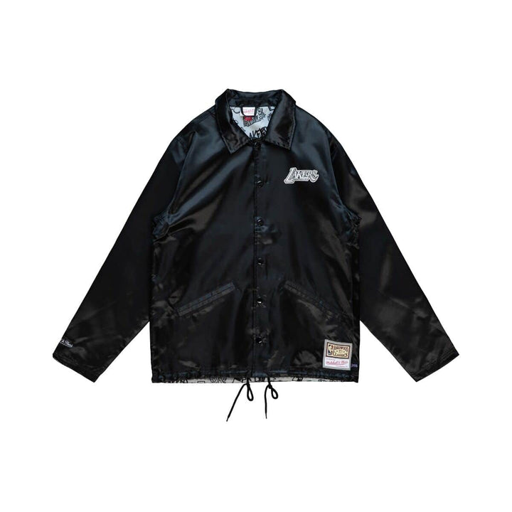 Los Angeles Lakers Mens Jacket Mitchell &amp; Ness Doodle Coaches Satin Black - THE 4TH QUARTER