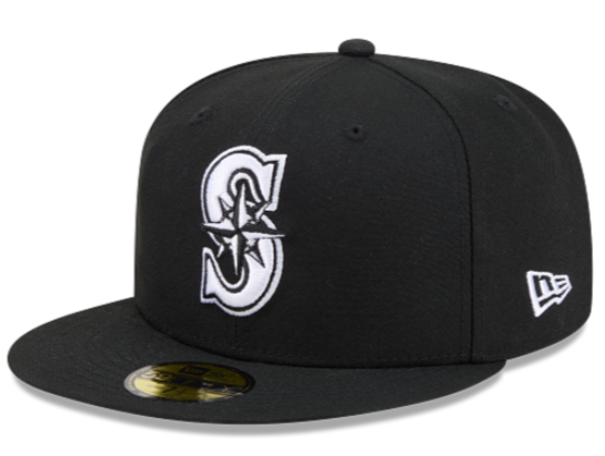 Seattle Mariners Fitted New Era 59Fifty White Logo Black Cap Hat Grey UV