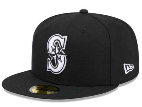 Seattle Mariners Fitted New Era 59Fifty White Logo Black Cap Hat Grey UV