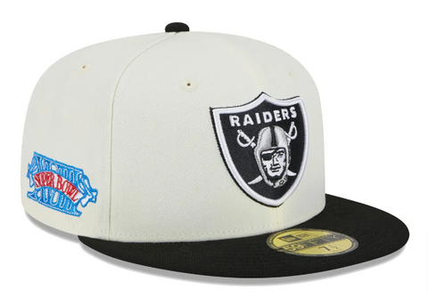 Las Vegas Raiders Fitted New Era 59Fifty Super Bowl Patch Chrome Cap Hat Grey UV