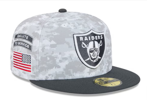 Las Vegas Raiders Fitted New Era 59Fifty 2024 Salute to Service Arctic Camo Graphite Cap Hat