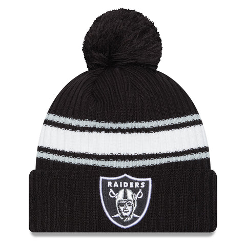 Oakland Raiders Beanie New Era Black Striped Fold Knit Pom Hat