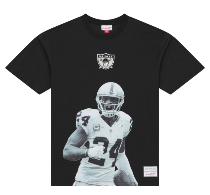 Raiders Mens T-Shirt Mitchell &amp; Ness Big Face Charles Woodson Photo Reel Tee Black