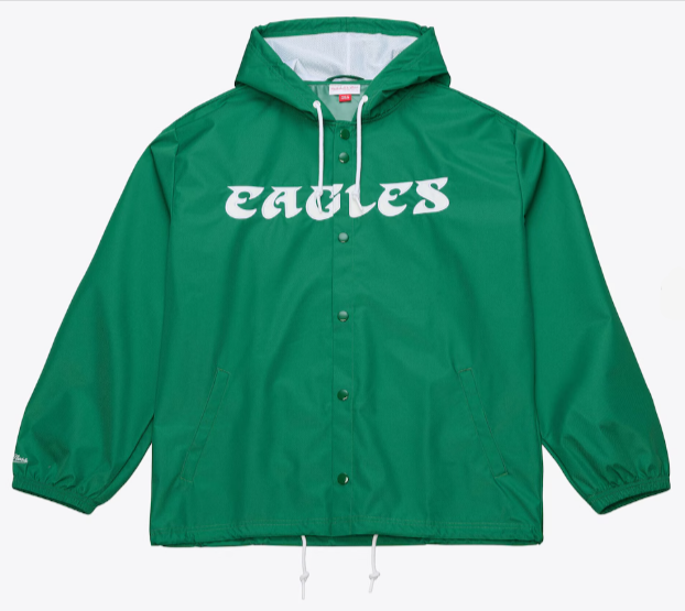 Philadelphia Eagles Mens Mitchell & Ness Coaches Wordmark Hooded Jacket Green - THE 4TH QUARTER