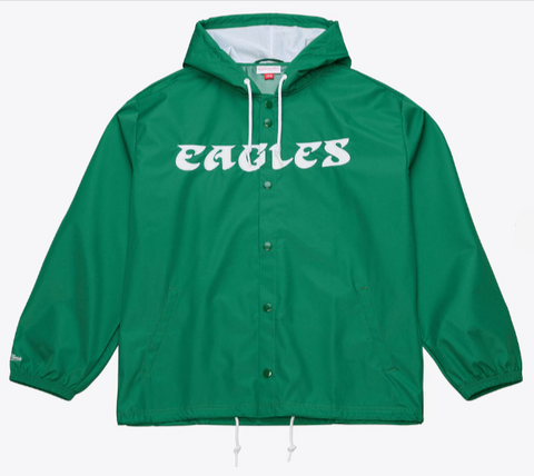 Philadelphia Eagles Mens Mitchell & Ness Coaches Wordmark Hooded Jacket Green - THE 4TH QUARTER