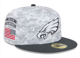 Philadelphia Eagles Fitted New Era 59Fifty 2024 Salute to Service Arctic Camo Graphite Cap Hat