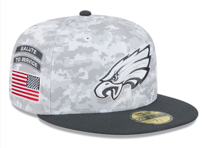 Philadelphia Eagles Fitted New Era 59Fifty 2024 Salute to Service Arctic Camo Graphite Cap Hat THE 4TH QUARTER