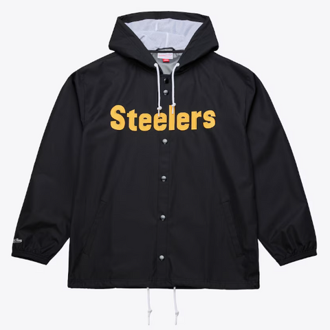 Pittsburgh Steelers Mens Mitchell & Ness Coaches Wordmark Hooded Jacket Black - THE 4TH QUARTER