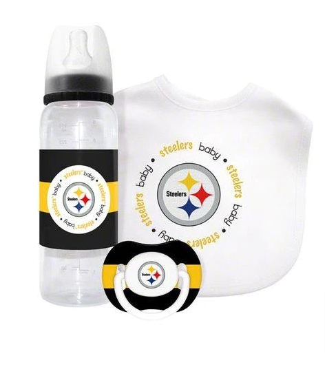 Pittsburgh Steelers Infant Baby Pacifier Baby Bottle Baby Bib Kickoff Collection 3-Piece Set - THE 4TH QUARTER