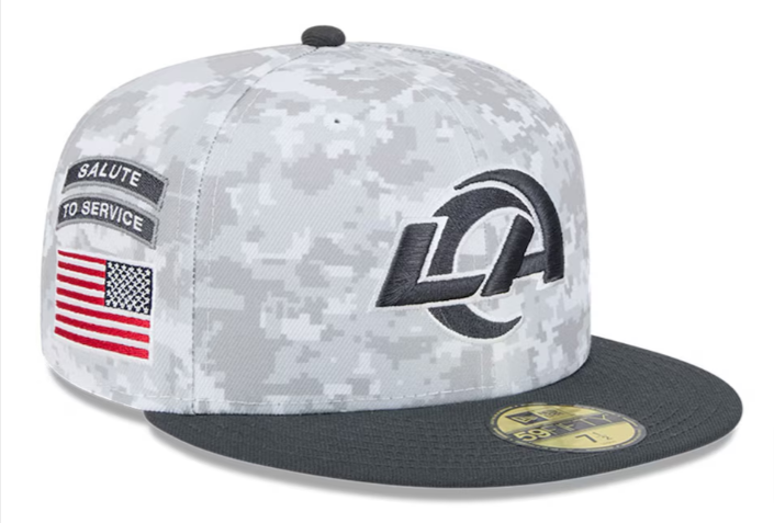 Los Angeles Rams Fitted New Era 59Fifty 2024 Salute to Service Arctic Camo Graphite Cap Hat - THE 4TH QUARTER