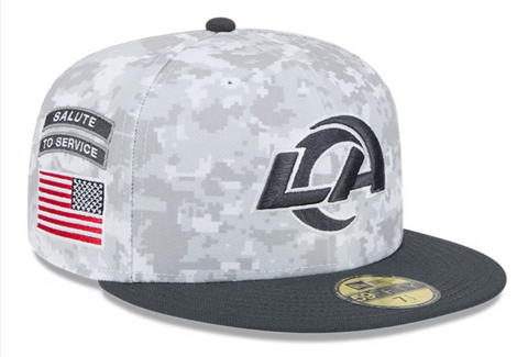 Los Angeles Rams Fitted New Era 59Fifty 2024 Salute to Service Arctic Camo Graphite Cap Hat