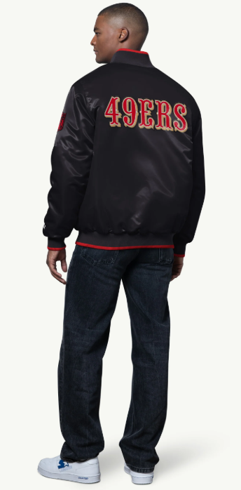 San Francisco 49ers Mens Ambassador Satin Varsity Jacket BLACK - THE 4TH QUARTER