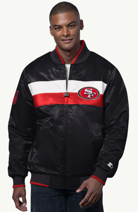 San Francisco 49ers Mens Ambassador Satin Varsity Jacket BLACK - THE 4TH QUARTER