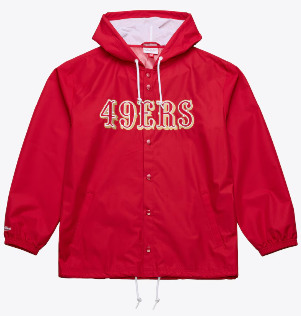 San Francisco 49ers Mens Mitchell &amp; Ness Coaches Wordmark Hooded Jacket Red - THE 4TH QUARTER