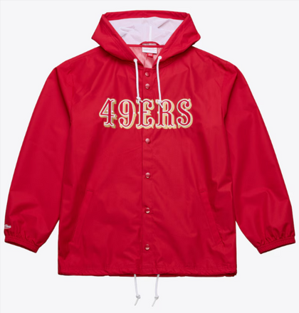 San Francisco 49ers Mens Mitchell & Ness Coaches Wordmark Hooded Jacket Red - THE 4TH QUARTER