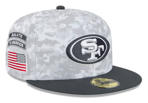 San Francisco 49ers Fitted New Era 59Fifty 2024 Salute to Service Arctic Camo Graphite Cap Hat