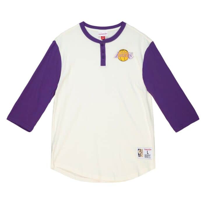 Los Angeles Lakers Mens T-Shirt Mitchell & Ness Icon Henley Cream Purple - THE 4TH QUARTER