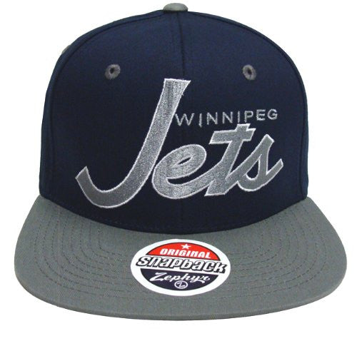 Winnipeg Jets Snapback Script Zephyr Cap Hat Navy Grey - THE 4TH QUARTER