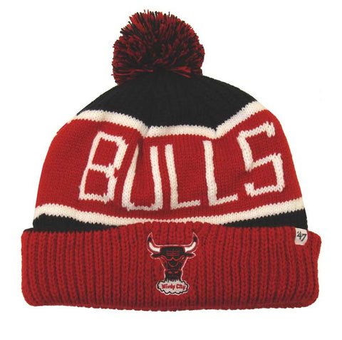 Chicago Bulls Beanie 47 Brand Calgary Embroidered Pom Ski Cap Black Red Cuff - THE 4TH QUARTER