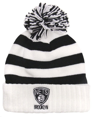 Brooklyn Nets Beanie Adidas Stripped Embroidered Pom Fold Cap Hat - THE 4TH QUARTER