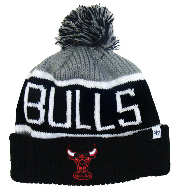 Chicago Bulls Beanie 47 Brand Calgary Pom Top Cuff Knit Ski Cap Hat Grey Black - THE 4TH QUARTER