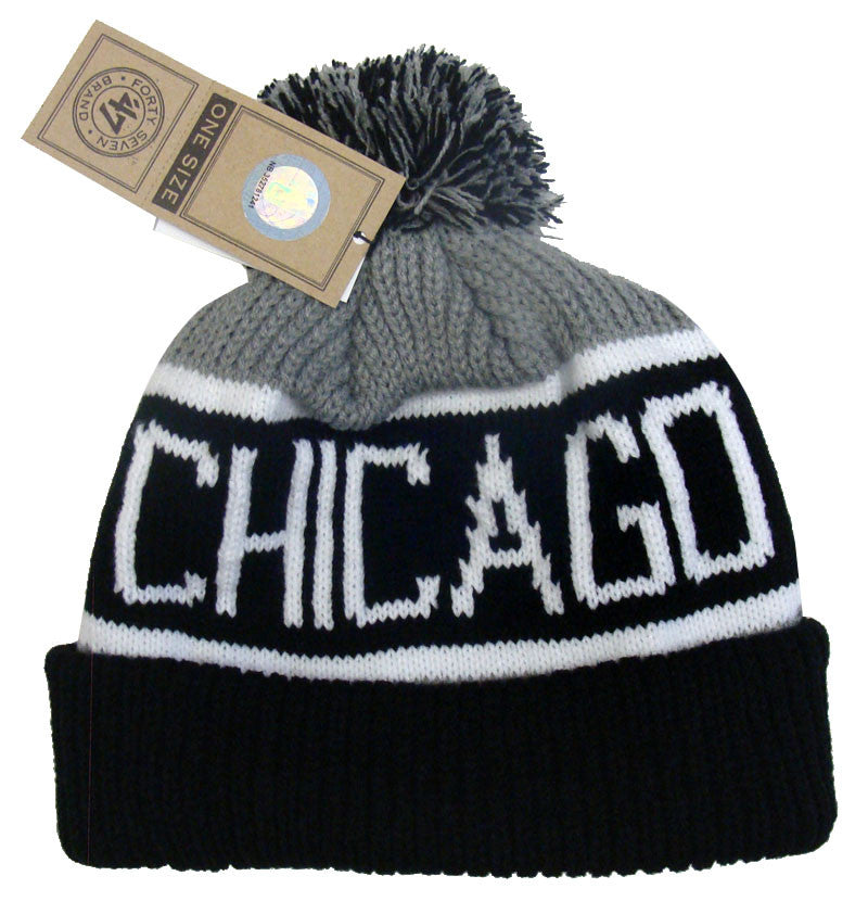 Chicago Bulls Beanie 47 Brand Calgary Pom Top Cuff Knit Ski Cap Hat Grey Black - THE 4TH QUARTER
