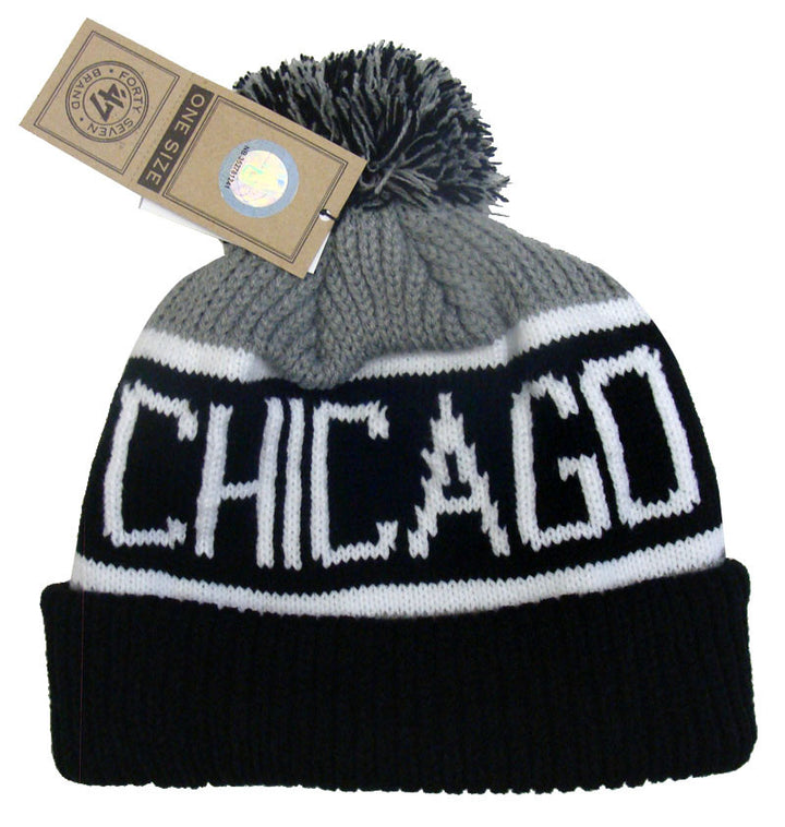 Chicago Bulls Beanie 47 Brand Calgary Pom Top Cuff Knit Ski Cap Hat Grey Black - THE 4TH QUARTER