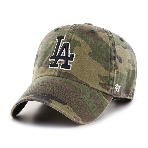 Los Angeles Dodgers Strapback Adjustable '47 Brand Clean Up Black White outline logo Camo Cap Hat
