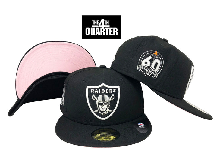 Raiders Fitted New Era 59Fifty 60th Anniversary Patch Black Hat Cap Pink UV